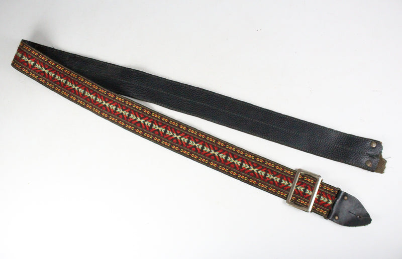 Vintage Style Beautiful Bohemia Embroidery Pick Holder Acoustic Electric Guitar Leather + Cotton Strap w/Metal Buckle ~Folk Geometric Pattern~