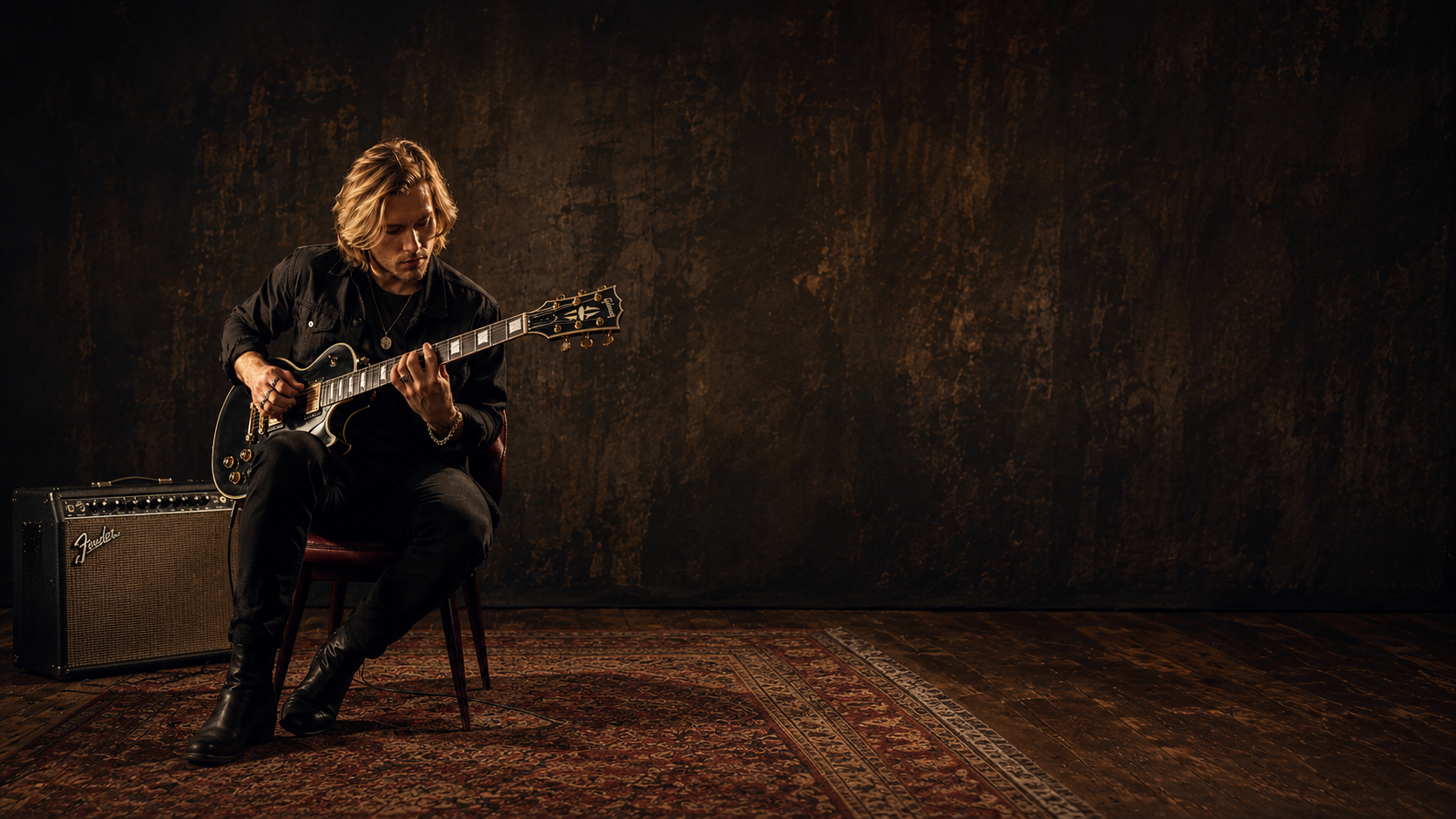 A man with long blond hair sits on a chair playing a black electric guitar in a dimly lit studio. He is wearing a black shirt and black boots, and a guitar amplifier sits to his left.